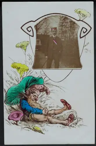 Ansichtskarte aus Lübeck im Jugendstil mit Zwerg und Student gelaufen 1908