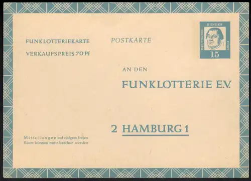 Berlin Ganzsache FP 7 15 Pfg. Funklotterie Luther Dürer ungebraucht 1963