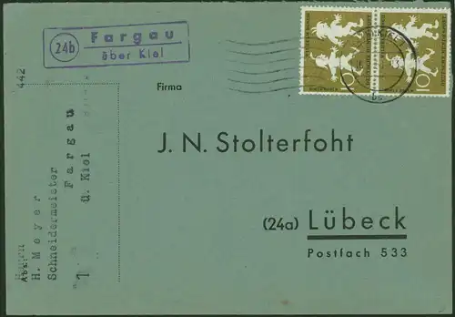 Bund Brief MEF 281 Wilh. Busch Landpoststempel Fargau ü. Kiel Schleswig-Holstein