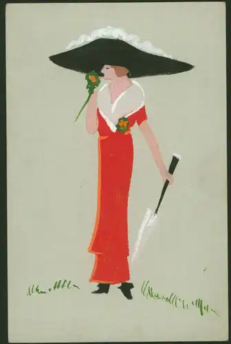 Ansichtskarte schöne handgemalte Art-Deco Künstlerkarte Abb. modische Dame Frau