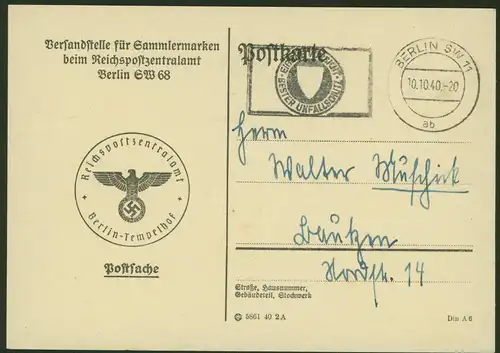 Deutsches Reich Berlin Postsache Karte der Versandstelle für Sammlermarken 