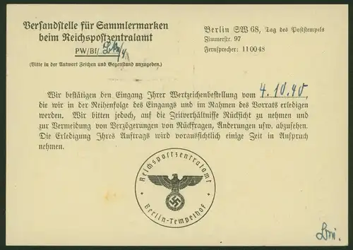 Deutsches Reich Berlin Postsache Karte der Versandstelle für Sammlermarken 