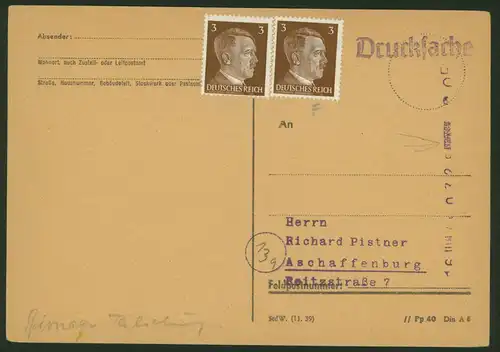 Deutsches Reich Postsache Postautomation Drucksache m. viol. L1 ...Aschaffenburg