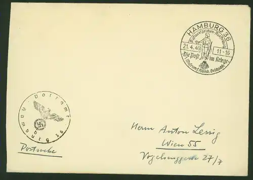 Deutsches Reich Postsache Brief SST Hamburg Die Post im Kriege Ausstellung 1940 