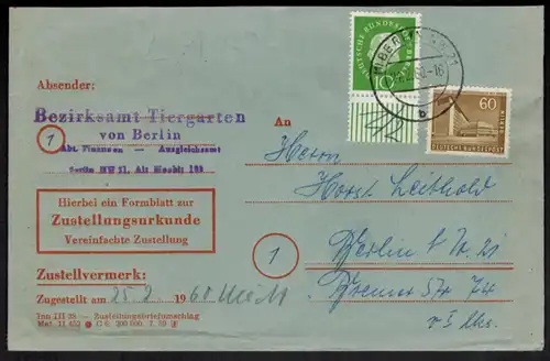 Berlin Brief MIF 151 + 183 aus Bogen selt. schöne Kombination auf Zustellurkunde
