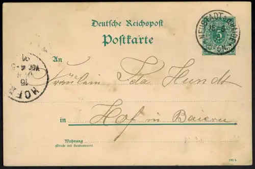 Deutsches Reich Ganzsache mit K1 Neustadt a.d. Halde 15.6.1891 nach Hof Bayern