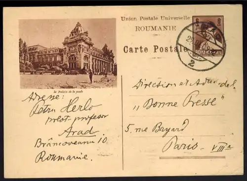 Rumänien Ganzsache Abb. Post Arad 1932 nach Paris Frankreich