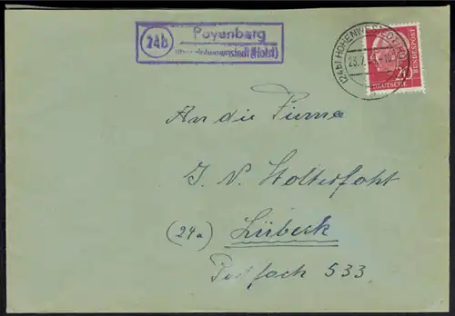 Brief Bund Heuss  Landpoststempel Poyenberg Hohenwestedt Schleswig nach Lübeck