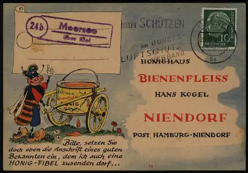 Bund Postkarte EF Heuss mit Landpoststempel Moorsee Kiel Schleswig n. Niendorf