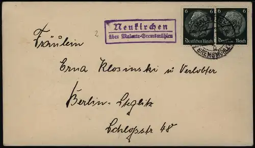 Deutsches Reich Brief MEF Hindenburg Landpoststempel Malente-Gremsmühlen 1939