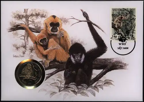 Numisbrief Vietnam Schopfgibbon 1987 WWF mit Münze 10 Dong Tiere Affen 