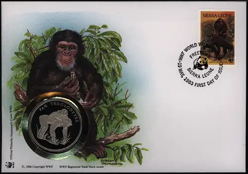 Numisbrief Sierra Leone Schimpanse mit Medaille 30 Jahre WWF Tiere