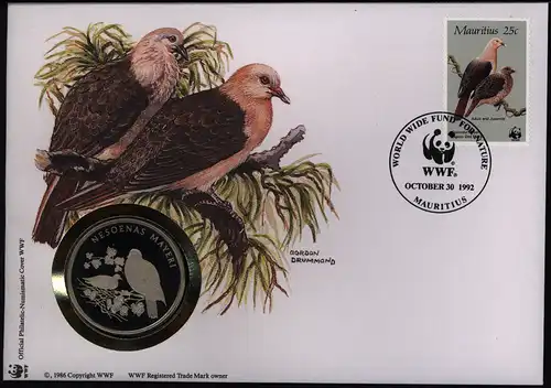 Numisbrief Maritius-Taube Medaille 30 Jahre WWF Tiere Vögel