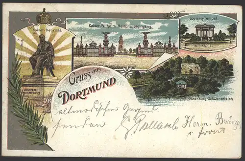 Ansichtskarte Dortmund Litho Kaiser Denkmal Tempel Bahnpost Köln-Hannover Zug 
