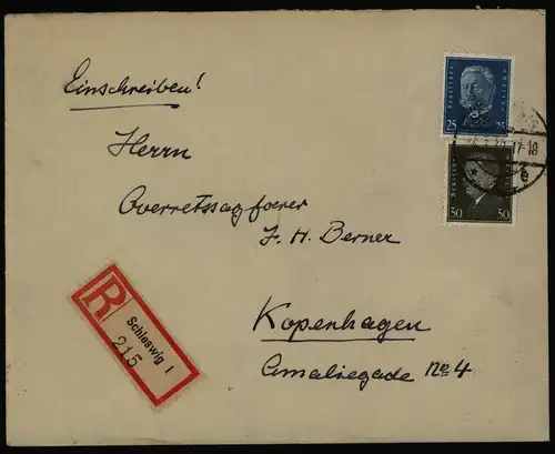 Deutsches Reich R-Brief 416-7 Reichspräsidenten Schleswig n. Kopenhagen Dänemark