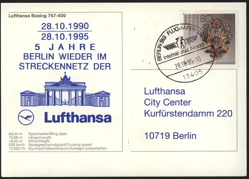 Bund Karte Flugpost Lufthansa Boing Motiv Berlin Brandenburger SST auf Postkarte