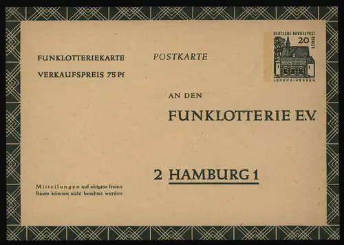 Berlin Ganzsache FP 8 20 Pfg. Funklotterie Bauwerke ungebraucht 1965