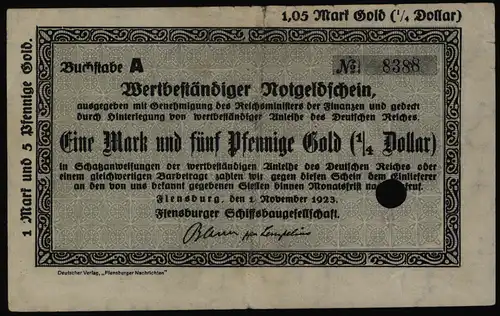 Geldschein Banknote Notgeld Flensburg Schiffsbaugesellschaft 1,05 Mark Gold F005