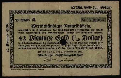 Geldschein Banknote Notgeld Flensburg Schiffsbaugesellschaft 2,10 Mark Gold F005