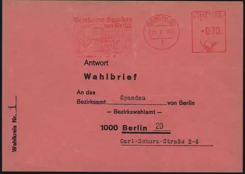 Berlin Wahlbrief Bezirksamt Spandau mit AFS Berlin 20 25.2.1975