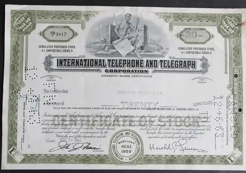 Historische Aktie USA 1963 International Telephone & Telegraph Corp. 20 Shares
