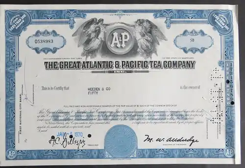Historische Aktie USA 1970 The Great Atlantic & Pacific Tea Company 50 Shares