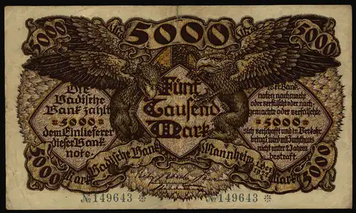 Geldschein Banknote Notgeld Baden 8 a 5000 Mark Mannheim 1.12.922 II.