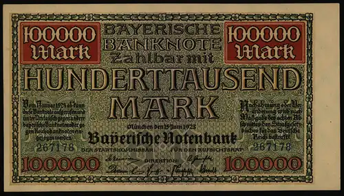 Geldschein Banknote Notgeld Bayern 9 100.000 Mark Länderbanknote 15.6.1923 - I.