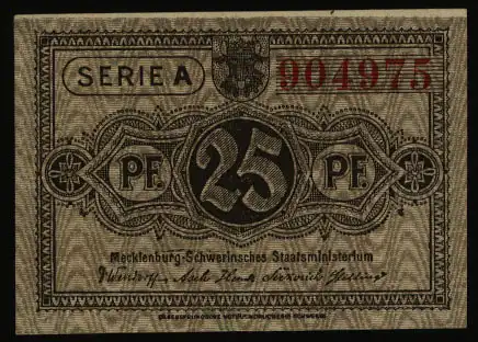 Geldschein Banknote Notgeld Mecklenburg-Schwerin 8 d. 25 Pfg. 1.5.1922 - I.