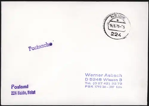 Bund Brief Postsache von Heide Schleswig Holstein nach Wissen 14.5.1975