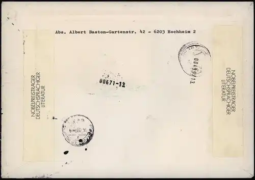 Bund Eilboten Brief Block 16 Nobelpreisträger portogerecht Brunsbüttel Hofheim