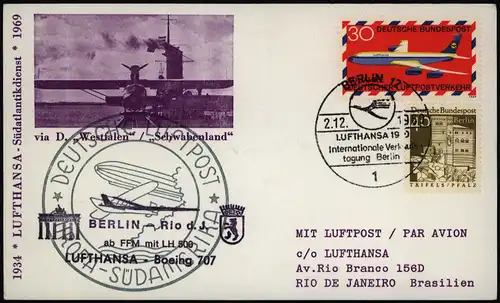 Bund Sonderkarte Lufthansa Boing 707 Südatlantikdienst Flugpost 1969