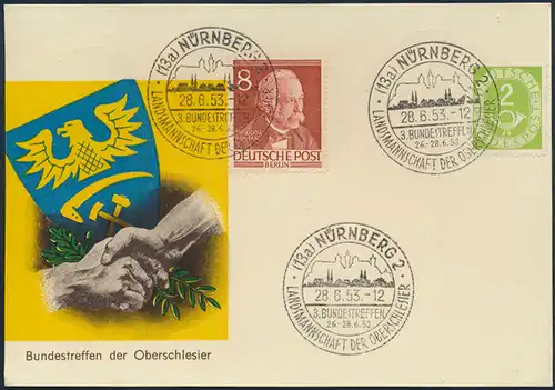 Bund Brief Karte Bundestreffen Oberschlesien 3x SST Nürnberg rs. 2x Köln 1953 