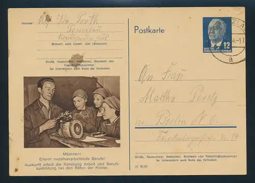 DDR Brief Ganzsache P 56 04 Metallverarbeitung WST 12 Pfg Pieck Prenzlau Berlin