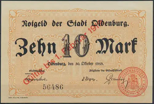 Geldscheine Banknote Notgeld Stadt Oldenburg 1918 10 Mark vorzüglich XF Geiger 1