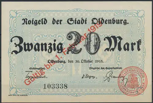 Geldscheine Banknote Notgeld Stadt Oldenburg 1918 20 Mark vorzüglich XF Geiger 2