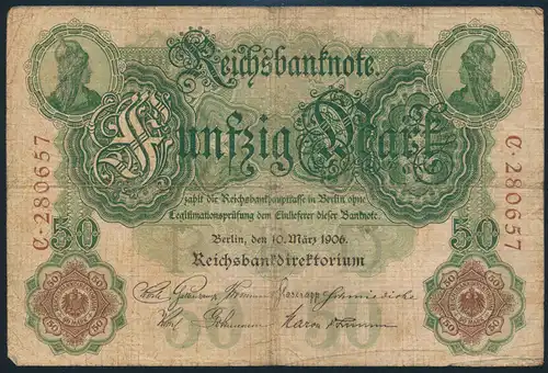 Deutsches Reich Geldschein Reichsbanknote 50 Mark KN 6-stellig III-IV R 25a