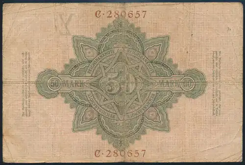 Deutsches Reich Geldschein Reichsbanknote 50 Mark KN 6-stellig III-IV R 25a