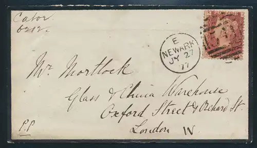 Großbritannien Trauer - Brief EF 16 Pl. 165 ab E Newark nach London 27.7.1877 rs