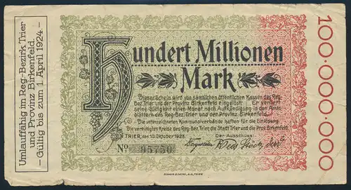 Banknote Deutsches Reich 100 Mio. Mark Trier und Birkenfeld gebraucht