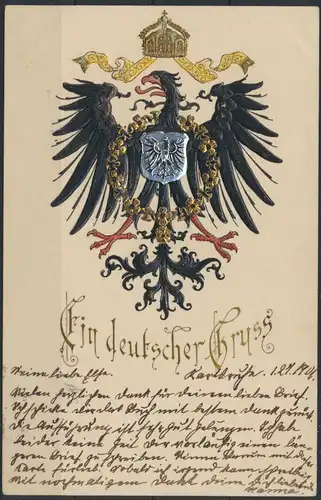 Ansichtskarte Prägekarte Wappen Adler Brustschild Ein deutscher Gruß Karlsruhe 