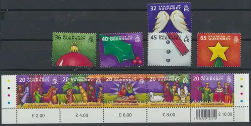 Guernsey 1023-1032 Fünferstreifen + 5 Werte Weihnachten ** 2004 