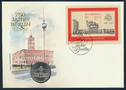 DDR Numisbrief 750 Jahre Berlin Rotes Rathaus 1987 mit 5M-Münze