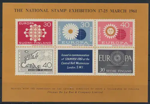 Großbritannien The National Stamp Exhibition Souvenir Sheet 1961 Finnland