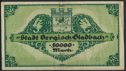 Geldschein Banknote Notgeld Bergisch Gladbach 50000 Mark 20.07.1923