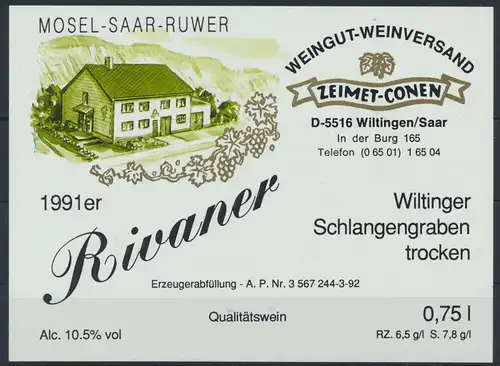 Alkohol Weinettikett Weingut Zeimet Conen Wiltingen Saar 1991er ungebraucht