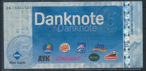 Banknote Gutschein Danknote 0,98 DM 0,50 € Aral, Burger King, Klier, Cinemaxx