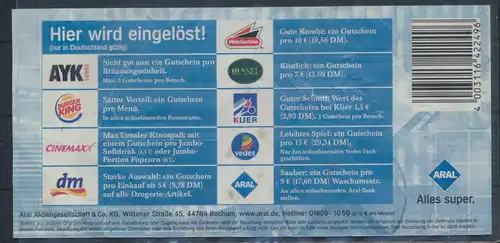 Banknote Gutschein Danknote 0,98 DM 0,50 € Aral, Burger King, Klier, Cinemaxx