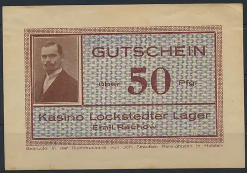 Geldschein Gutschein Lockstedter Lager Kasino Emil Rachow 50 Pfennig