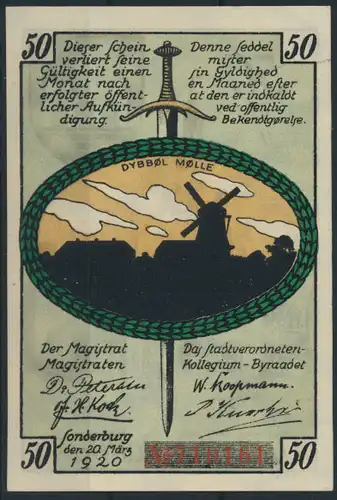 Geldschein Banknote Notgeld Sonderburg Sonderborg 50 Pfennig 1920 vzg Gra 1240.2